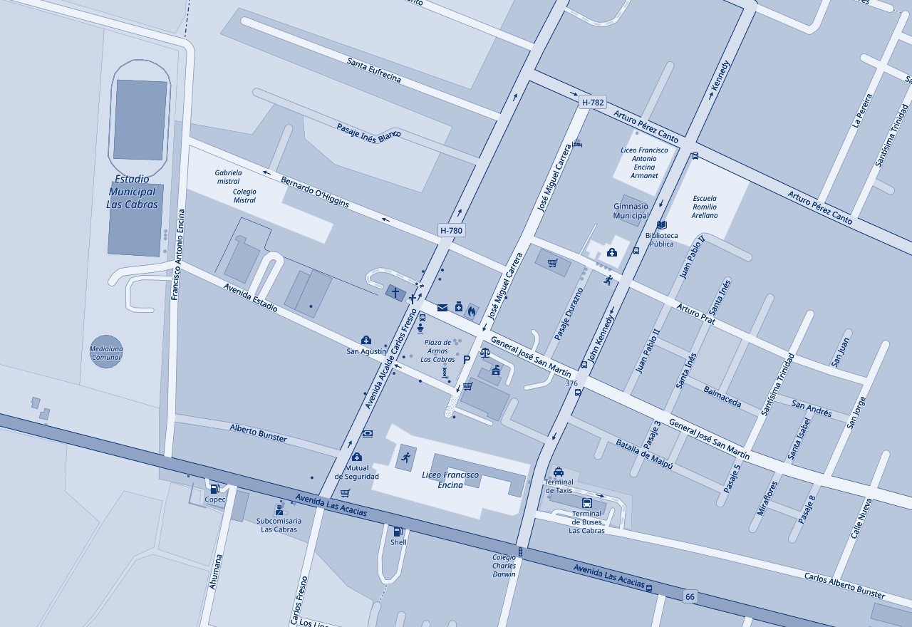 Mapa del centro de Las Cabras con la ubicación del centro en Av. San Martín
